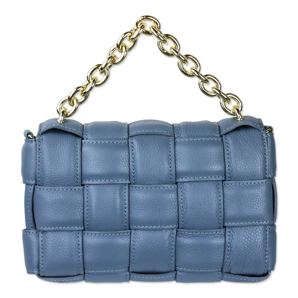 Blue Padded Woven Leather Flap Shoulder Bag