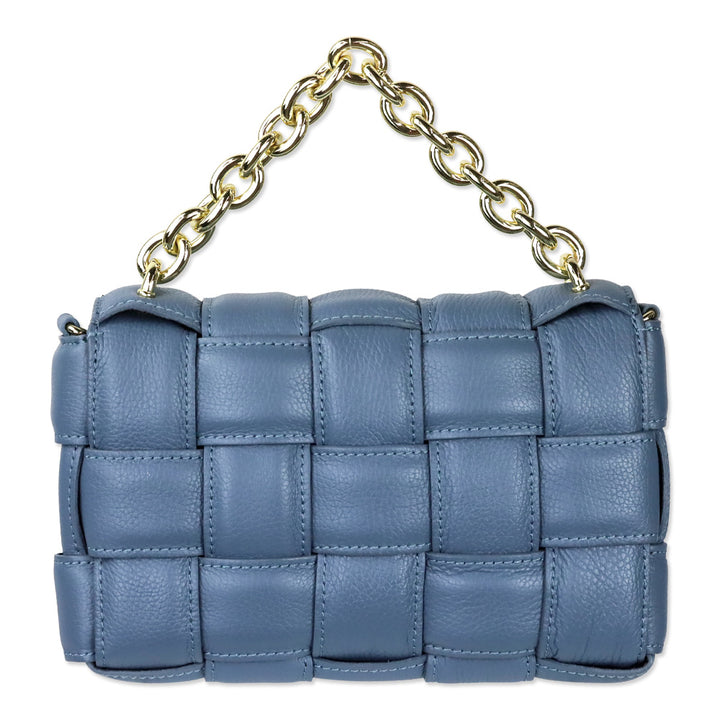 Blue Padded Woven Leather Flap Shoulder Bag