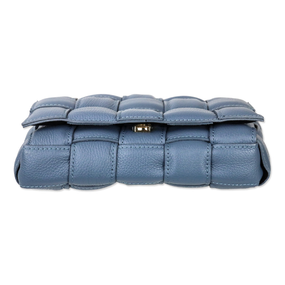 Blue Padded Woven Leather Flap Shoulder Bag