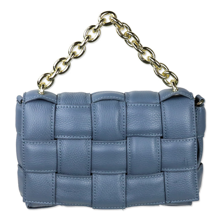 Blue Padded Woven Leather Flap Shoulder Bag