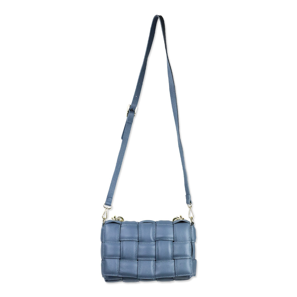 Blue Padded Woven Leather Flap Shoulder Bag