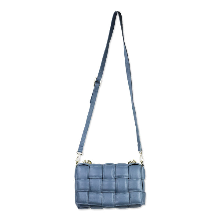 Blue Padded Woven Leather Flap Shoulder Bag