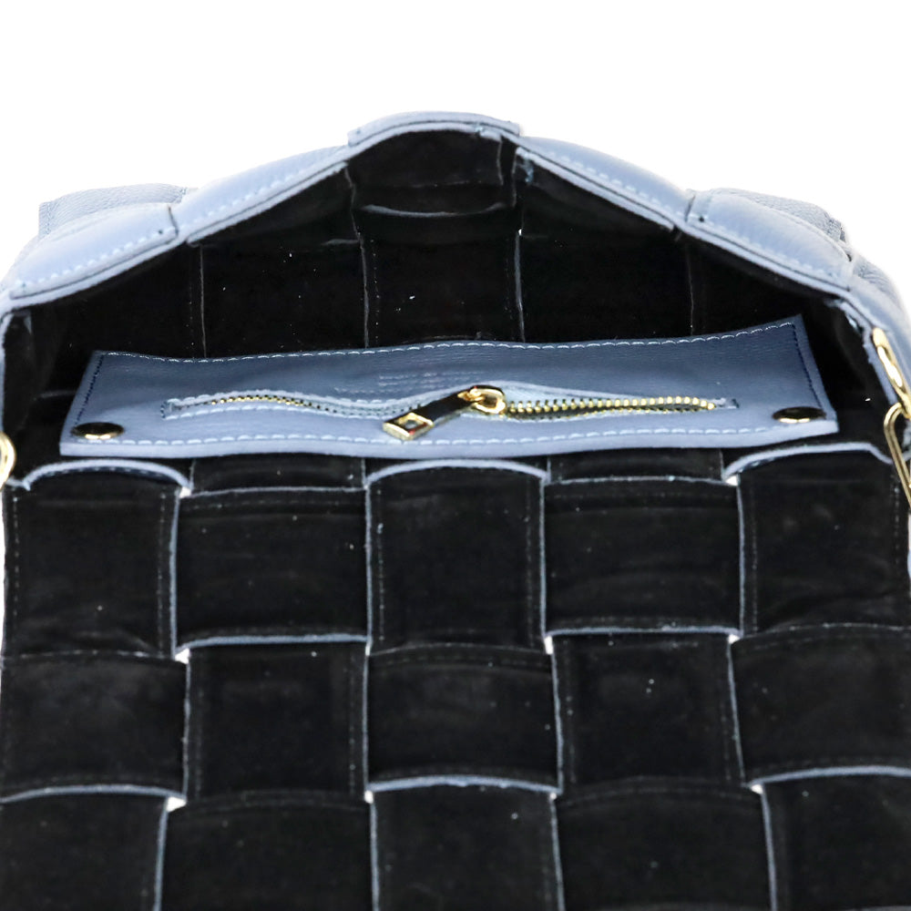 Blue Padded Woven Leather Flap Shoulder Bag