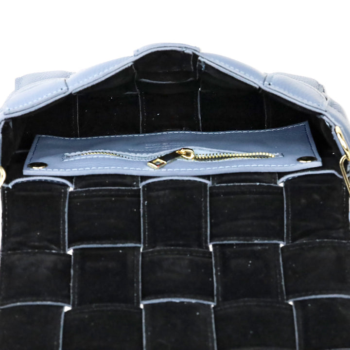 Blue Padded Woven Leather Flap Shoulder Bag