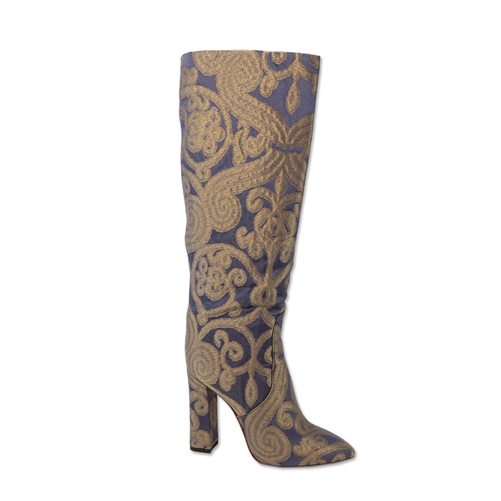 Santoni Purple Metallic Gold Brocade Knee High Boots