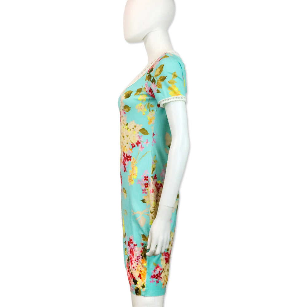 Blumarine Blue Floral Print Lace-Trim Short Sleeve Dress