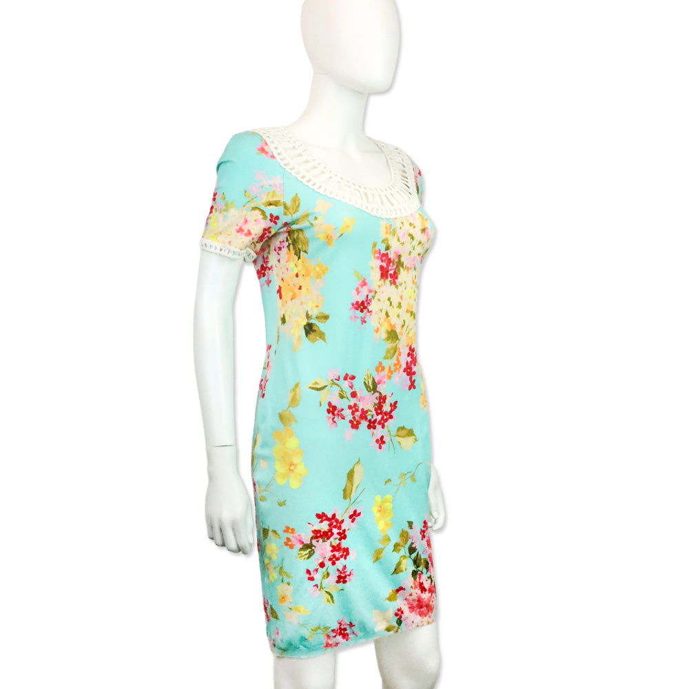 Blumarine Blue Floral Print Lace-Trim Short Sleeve Dress