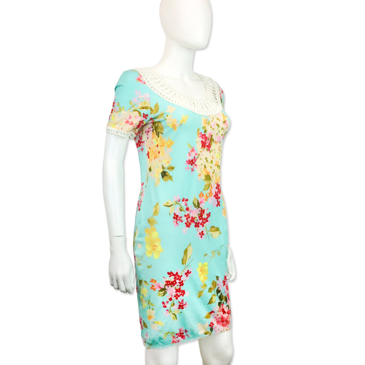 Blumarine Blue Floral Print Lace-Trim Short Sleeve Dress