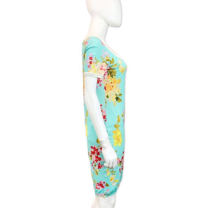 Blumarine Blue Floral Print Lace-Trim Short Sleeve Dress