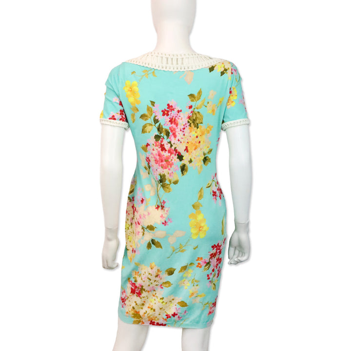 Blumarine Blue Floral Print Lace-Trim Short Sleeve Dress