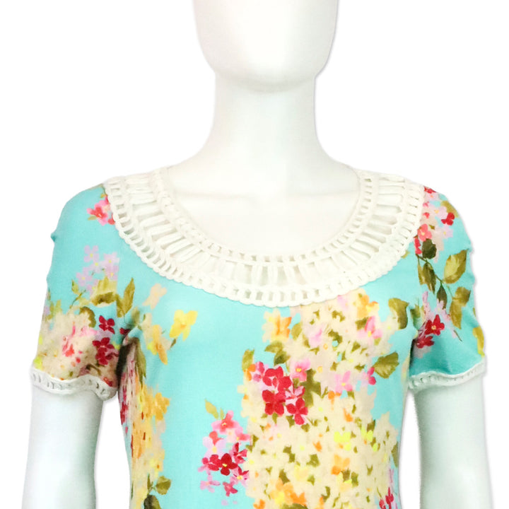 Blumarine Blue Floral Print Lace-Trim Short Sleeve Dress