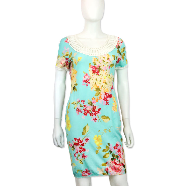 Blumarine Blue Floral Print Lace-Trim Short Sleeve Dress