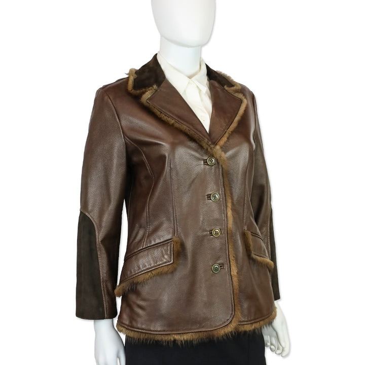 Blumarine Brown Leather Fur Trim Suede Collar Jacket