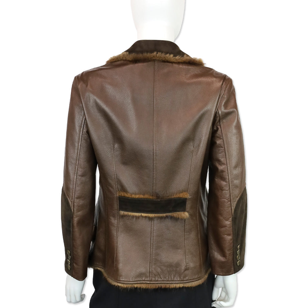 Blumarine Brown Leather Fur Trim Suede Collar Jacket