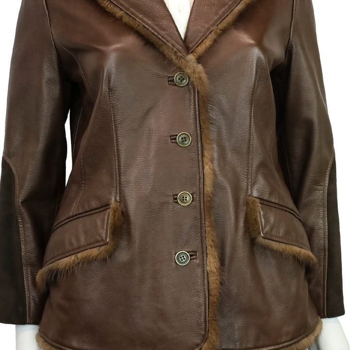 Blumarine Brown Leather Fur Trim Suede Collar Jacket