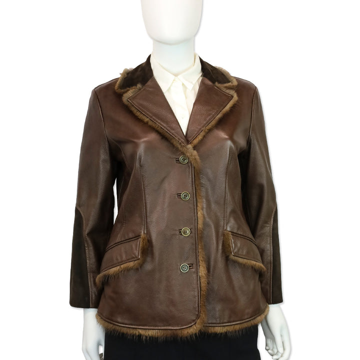 Blumarine Brown Leather Fur Trim Suede Collar Jacket