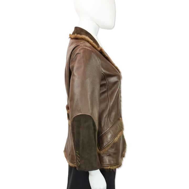 Blumarine Brown Leather Fur Trim Suede Collar Jacket