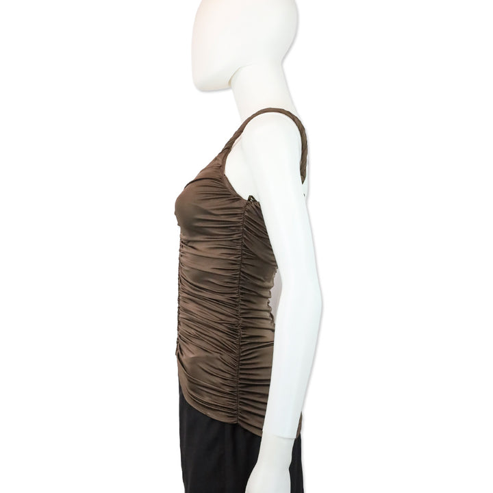 Blumarine Brown Stretch Satin Ruched Zipper Tank Top