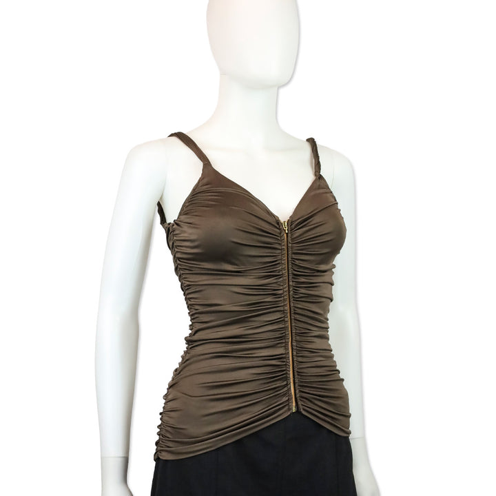 Blumarine Brown Stretch Satin Ruched Zipper Tank Top