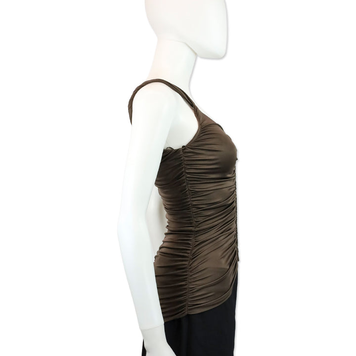 Blumarine Brown Stretch Satin Ruched Zipper Tank Top