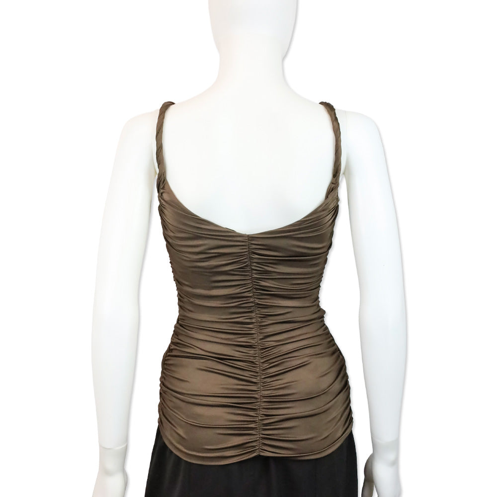 Blumarine Brown Stretch Satin Ruched Zipper Tank Top