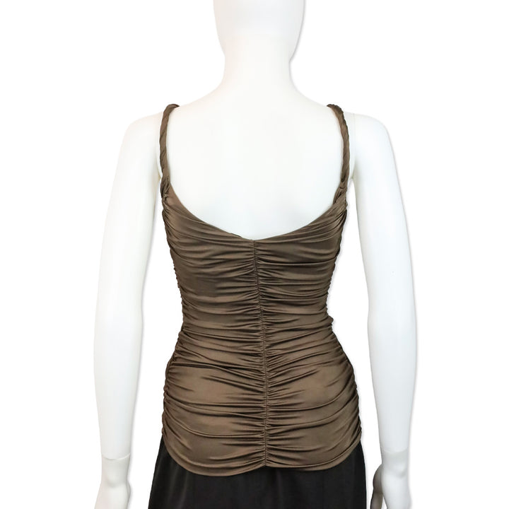 Blumarine Brown Stretch Satin Ruched Zipper Tank Top