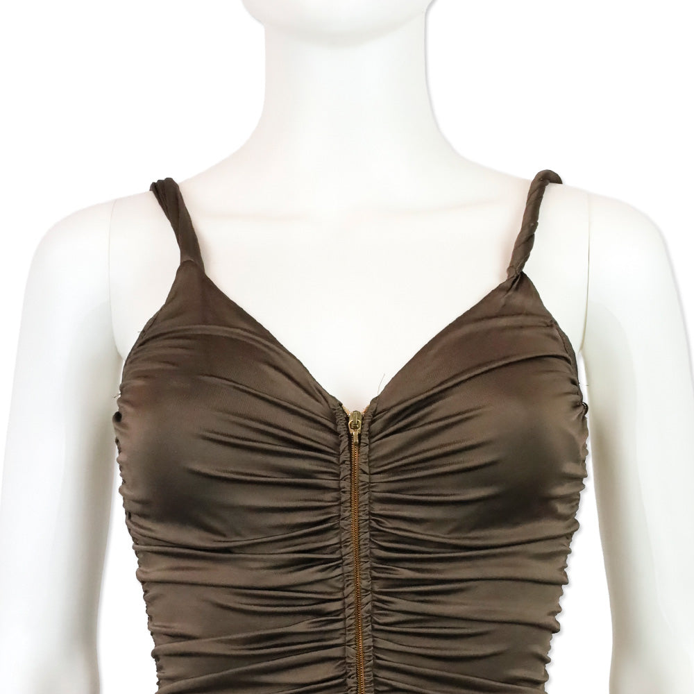 Blumarine Brown Stretch Satin Ruched Zipper Tank Top