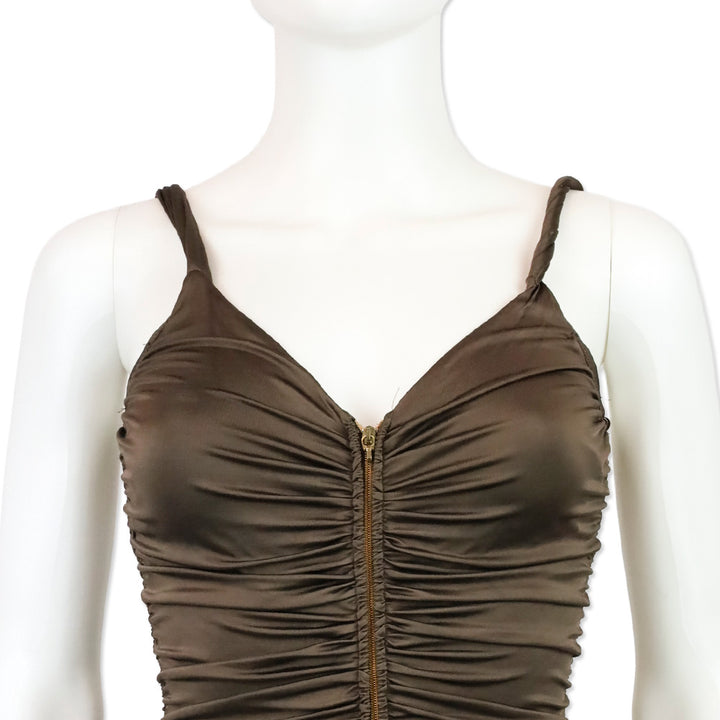 Blumarine Brown Stretch Satin Ruched Zipper Tank Top