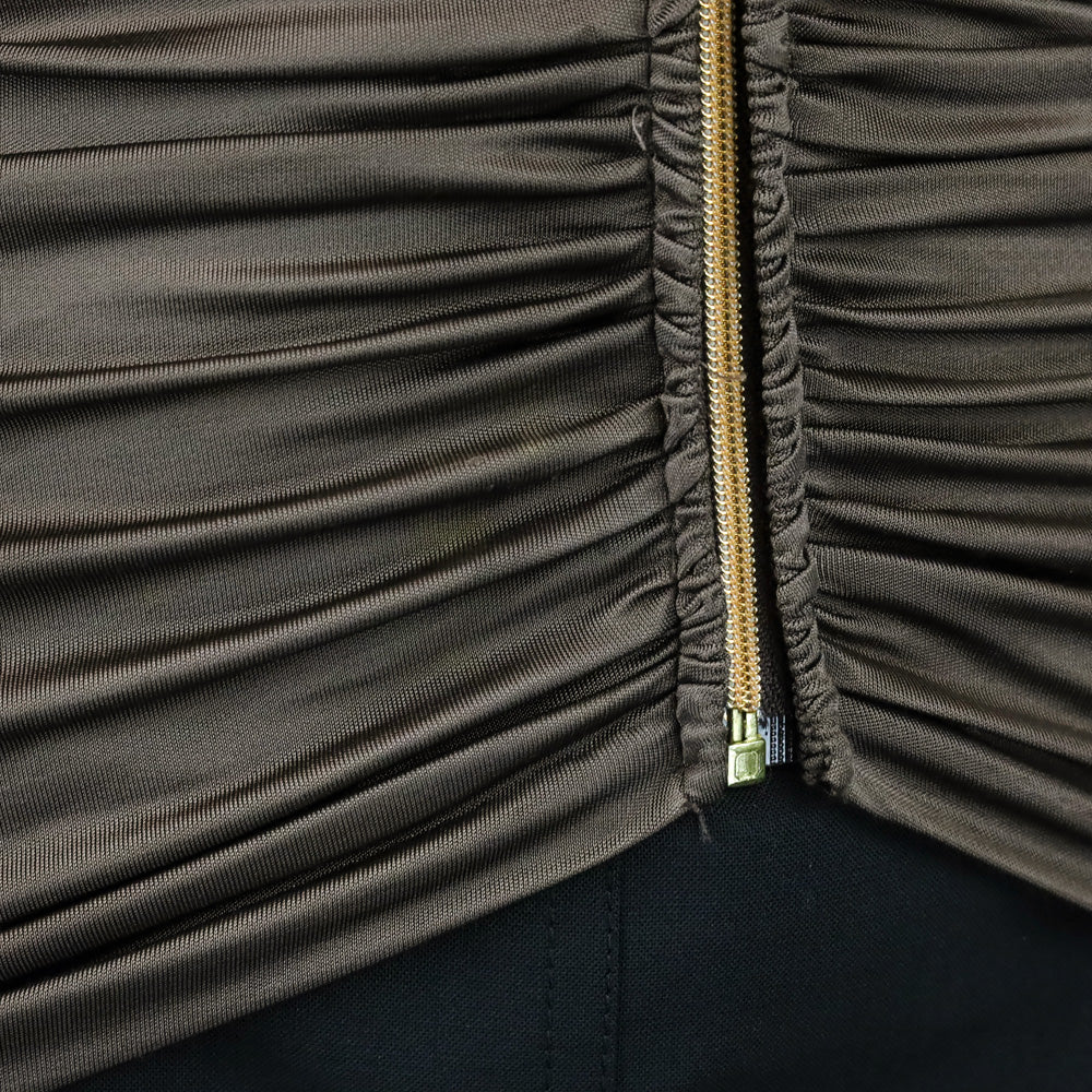 Blumarine Brown Stretch Satin Ruched Zipper Tank Top