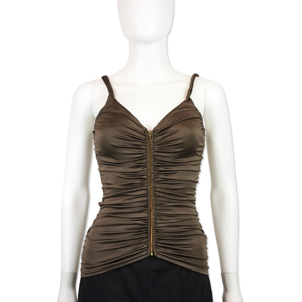 Blumarine Brown Stretch Satin Ruched Zipper Tank Top