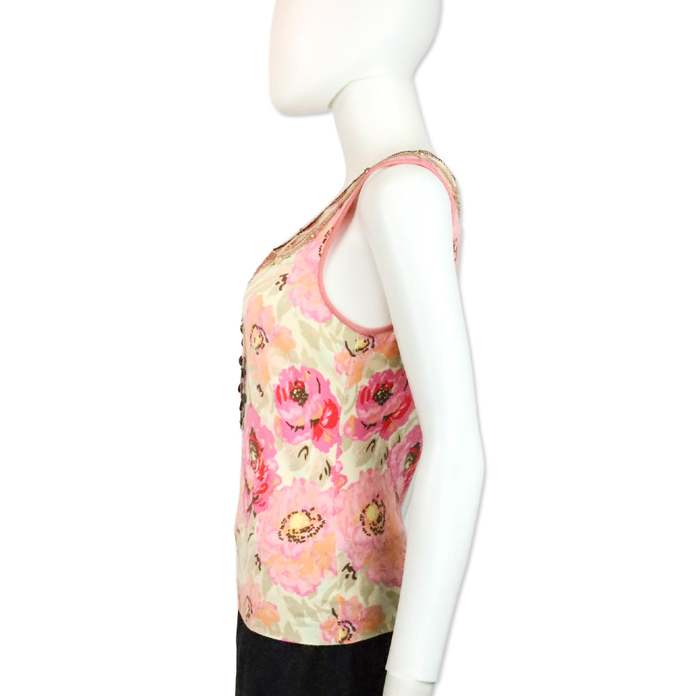 Blumarine Pink Floral Beaded Trim Accent Tank Top