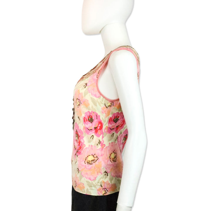 Blumarine Pink Floral Beaded Trim Accent Tank Top