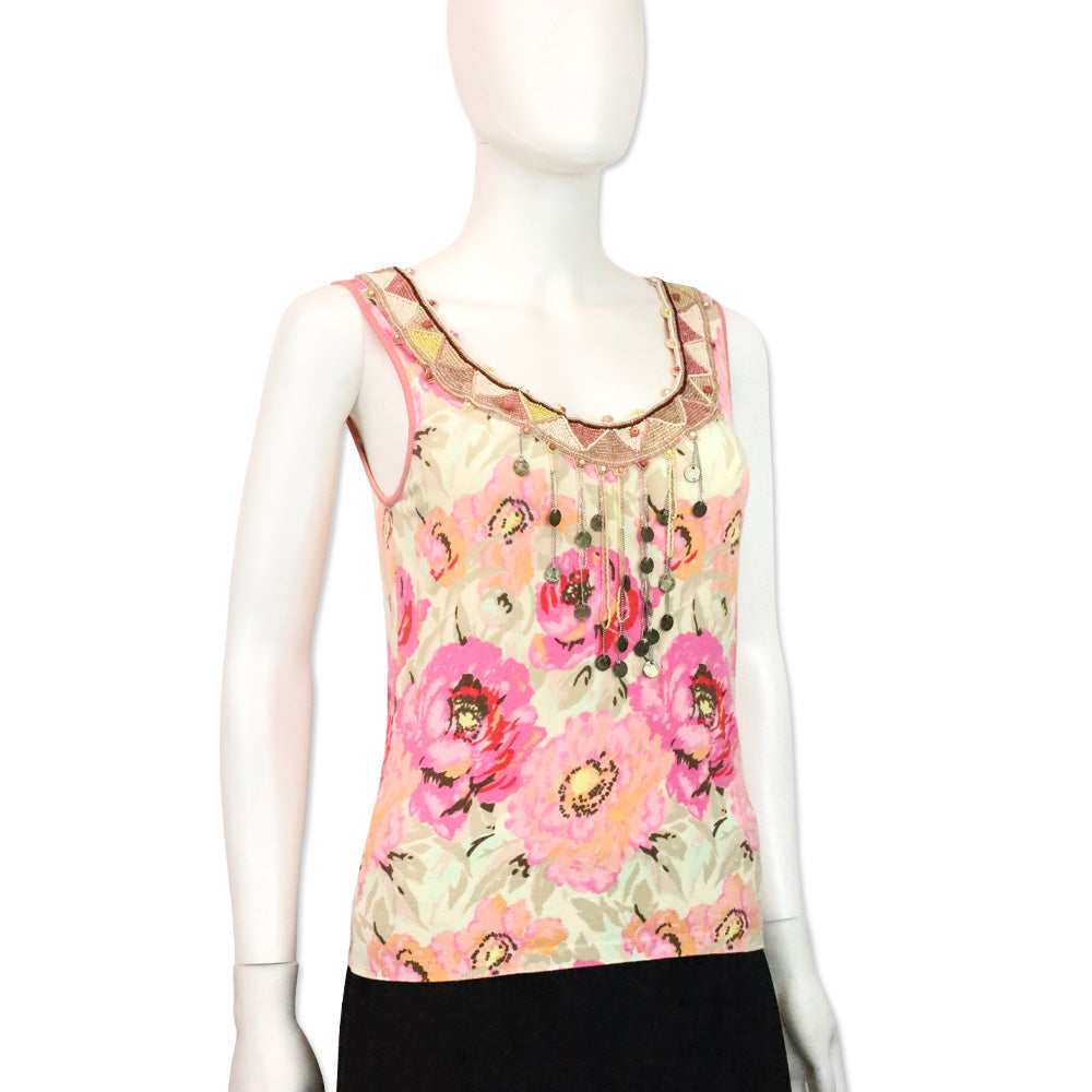 Blumarine Pink Floral Beaded Trim Accent Tank Top