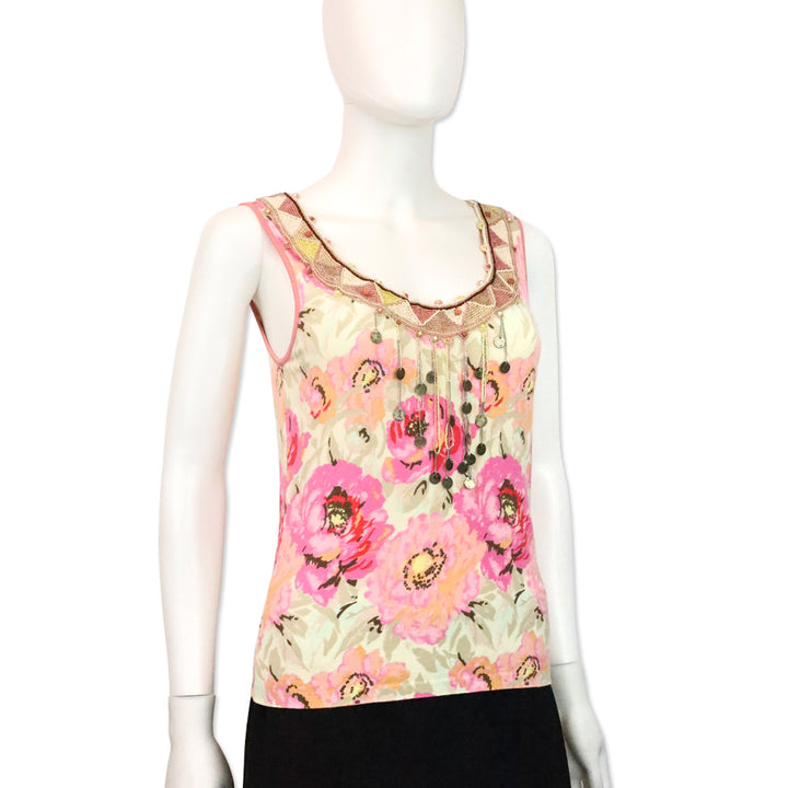 Blumarine Pink Floral Beaded Trim Accent Tank Top
