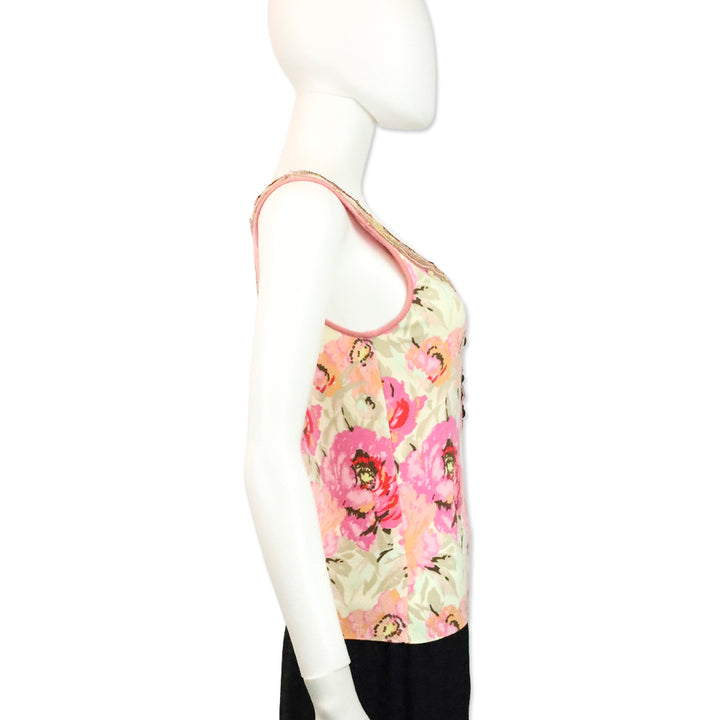 Blumarine Pink Floral Beaded Trim Accent Tank Top