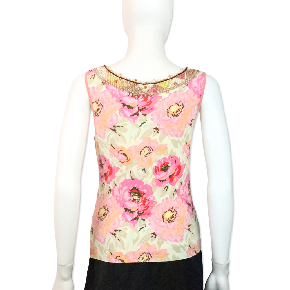 Blumarine Pink Floral Beaded Trim Accent Tank Top