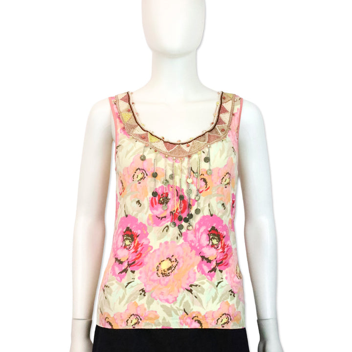 Blumarine Pink Floral Beaded Trim Accent Tank Top