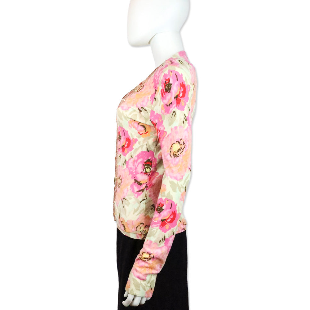 Blumarine Pink Floral Beaded Trim Cardigan