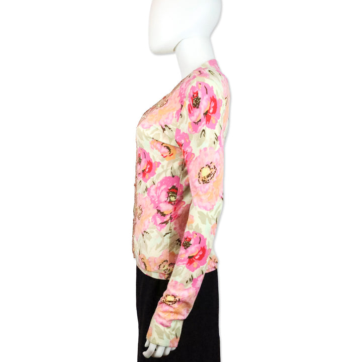 Blumarine Pink Floral Beaded Trim Cardigan