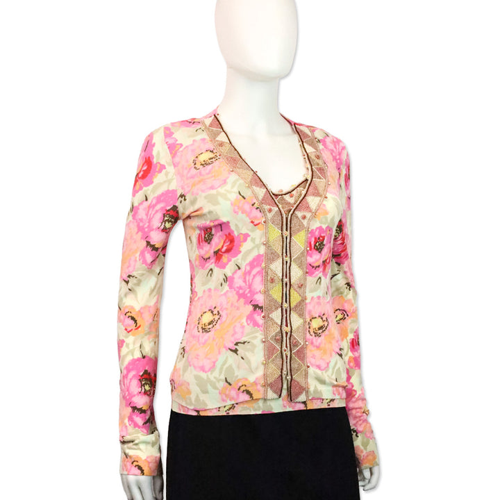 Blumarine Pink Floral Beaded Trim Cardigan