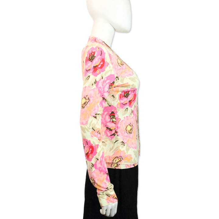 Blumarine Pink Floral Beaded Trim Cardigan