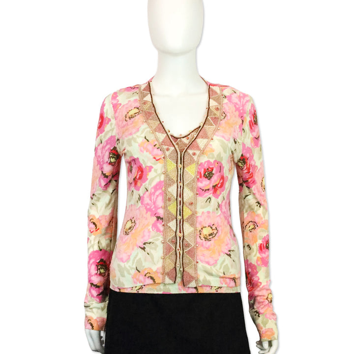 Blumarine Pink Floral Beaded Trim Cardigan