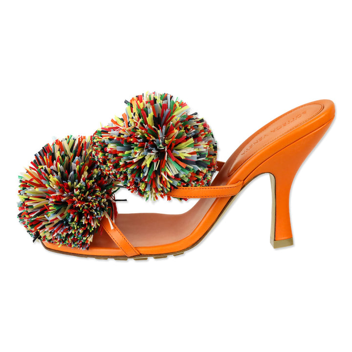 Bottega Veneta 24S Papaya Lamb Leather Multicolor Raffia Pom Pom Adam Sandals