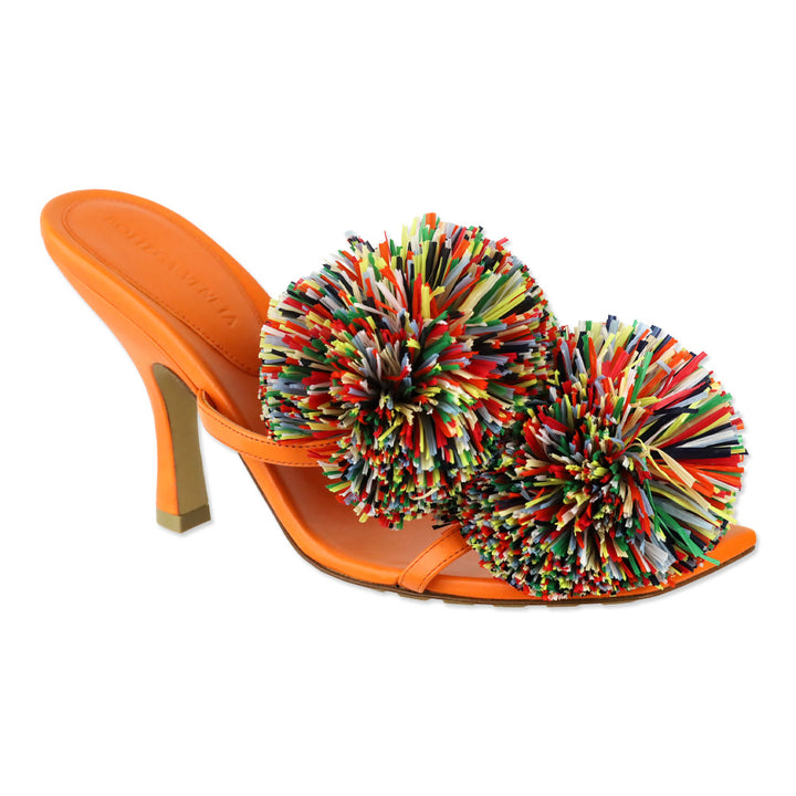 Bottega Veneta 24S Papaya Lamb Leather Multicolor Raffia Pom Pom Adam Sandals