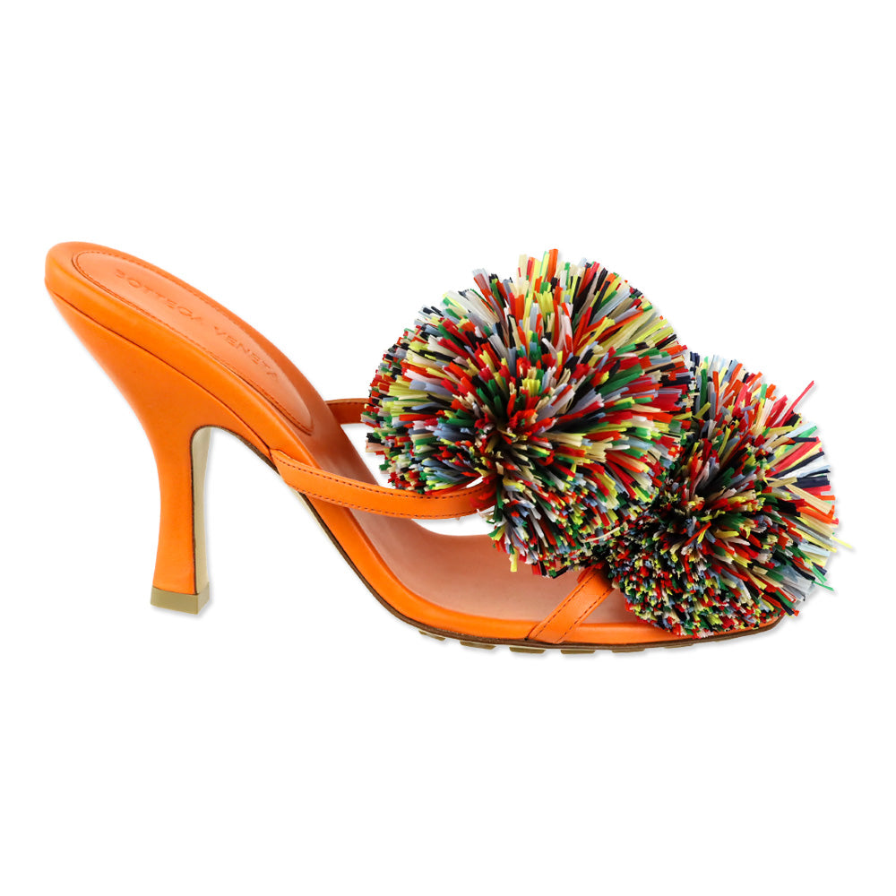 Bottega Veneta 24S Papaya Lamb Leather Multicolor Raffia Pom Pom Adam Sandals