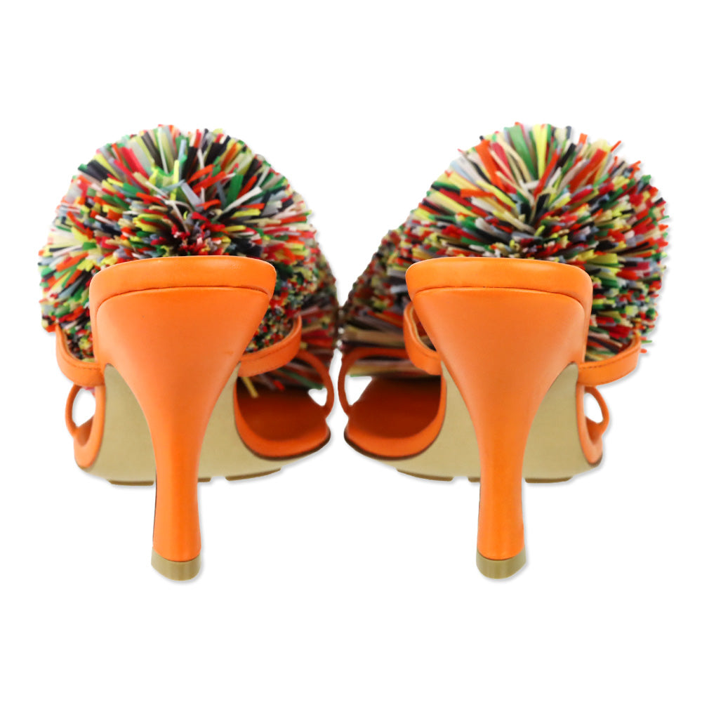 Bottega Veneta 24S Papaya Lamb Leather Multicolor Raffia Pom Pom Adam Sandals