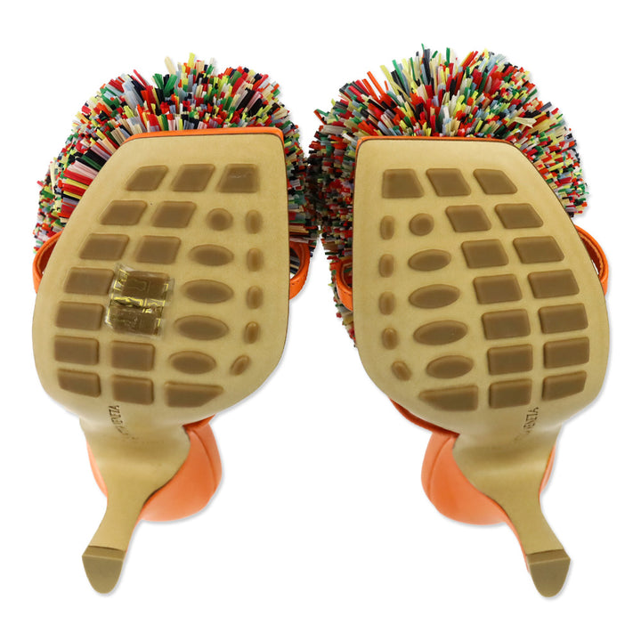 Bottega Veneta 24S Papaya Lamb Leather Multicolor Raffia Pom Pom Adam Sandals