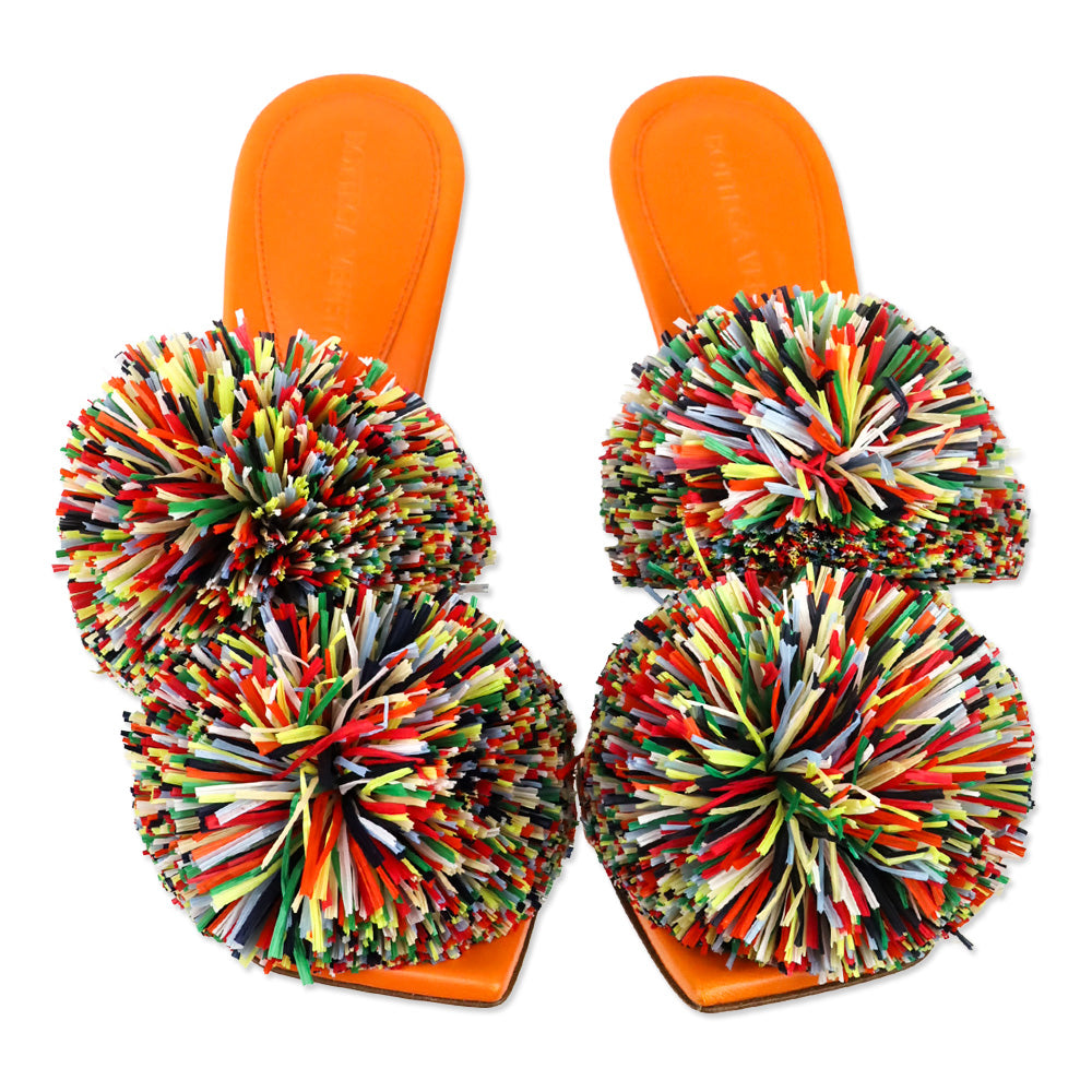 Bottega Veneta 24S Papaya Lamb Leather Multicolor Raffia Pom Pom Adam Sandals