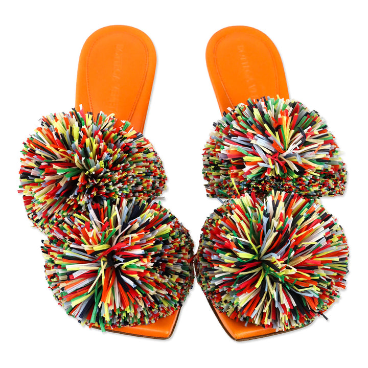 Bottega Veneta 24S Papaya Lamb Leather Multicolor Raffia Pom Pom Adam Sandals