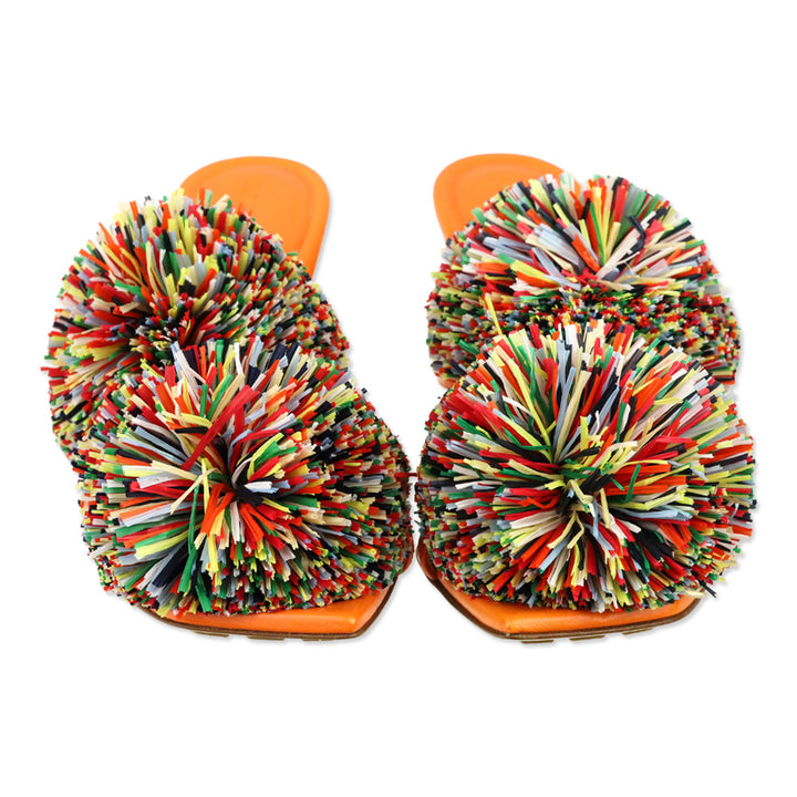 Bottega Veneta 24S Papaya Lamb Leather Multicolor Raffia Pom Pom Adam Sandals